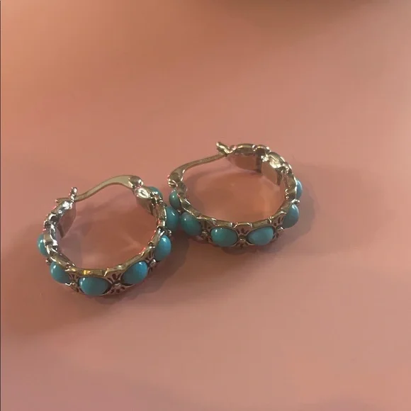 Sleeping Beauty Turquoise Sterling Silver Hoop Earrings - Picture 2 of 3